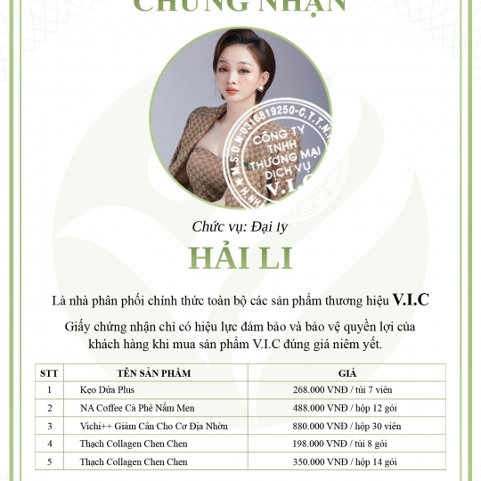 Giấy Chứng Nhận Phân Phối Hàng Chính Hãng V.I.C 