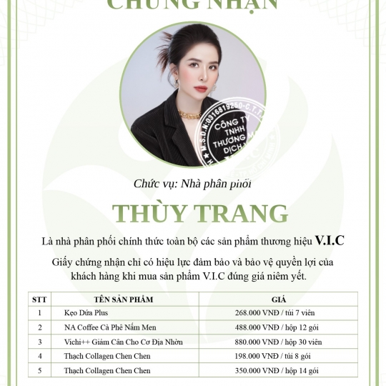 Giấy Chứng Nhận Phân Phối Hàng Chính Hãng V.I.C 