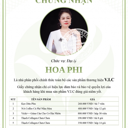 Giấy Chứng Nhận Phân Phối Hàng Chính Hãng V.I.C 