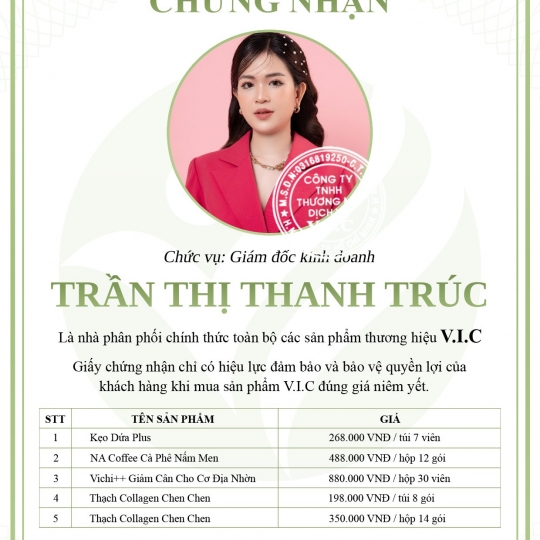Giấy Chứng Nhận Phân Phối Hàng Chính Hãng V.I.C 